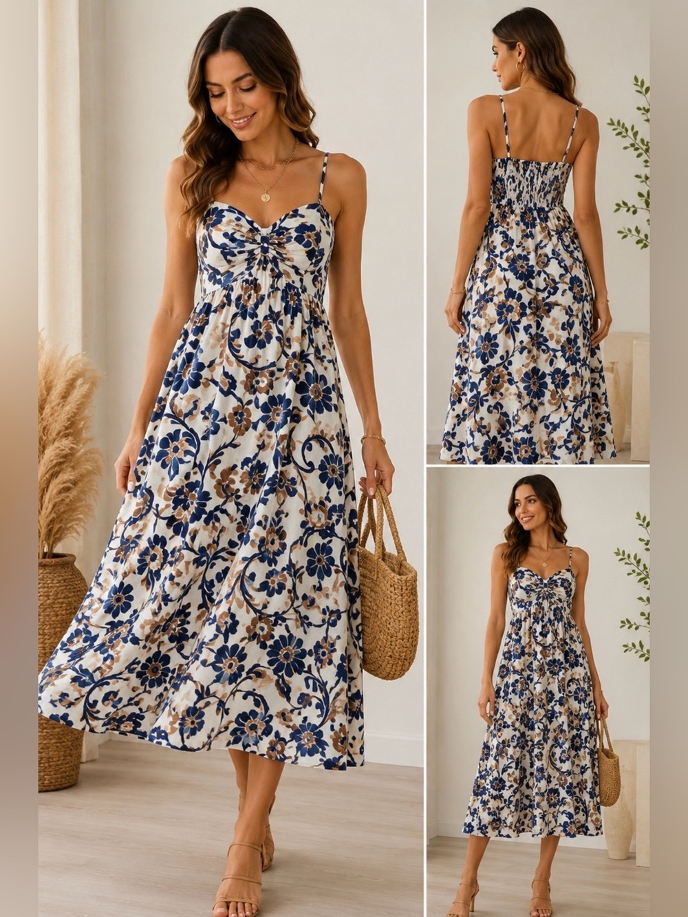 Cupshe Floral Print Midi Dress NWT Smocked Back Spaghetti Strap Blue White